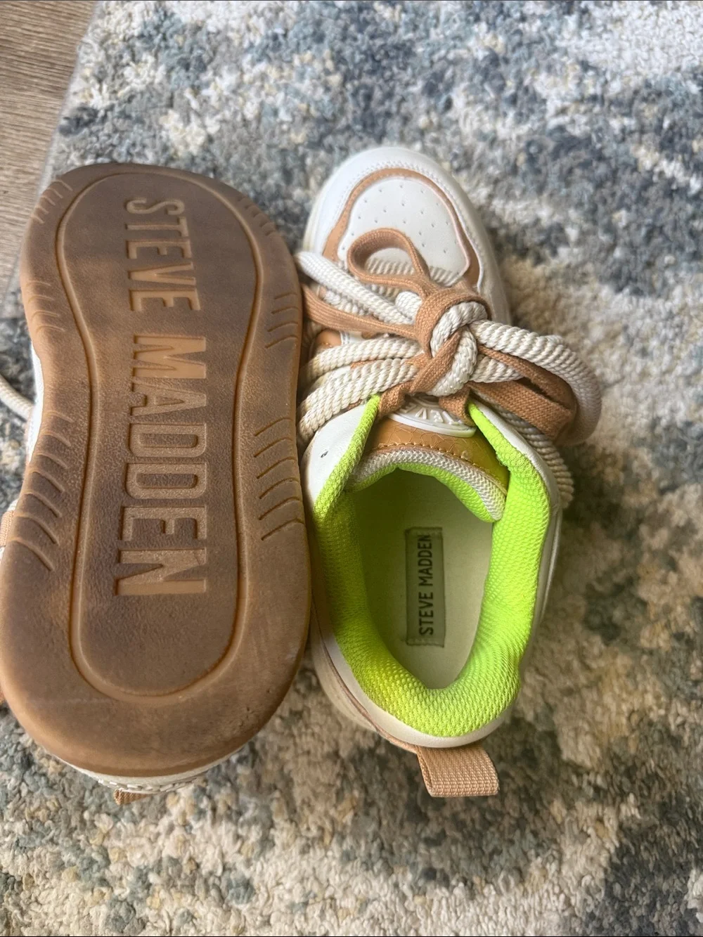 Kids White and Tan Athletic Sneakers with Lime Green Lining